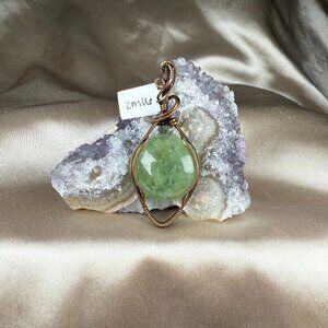 Handmade Womens Green Agate Copper Boho Wire Wrapped Pendant Necklace Jewelry